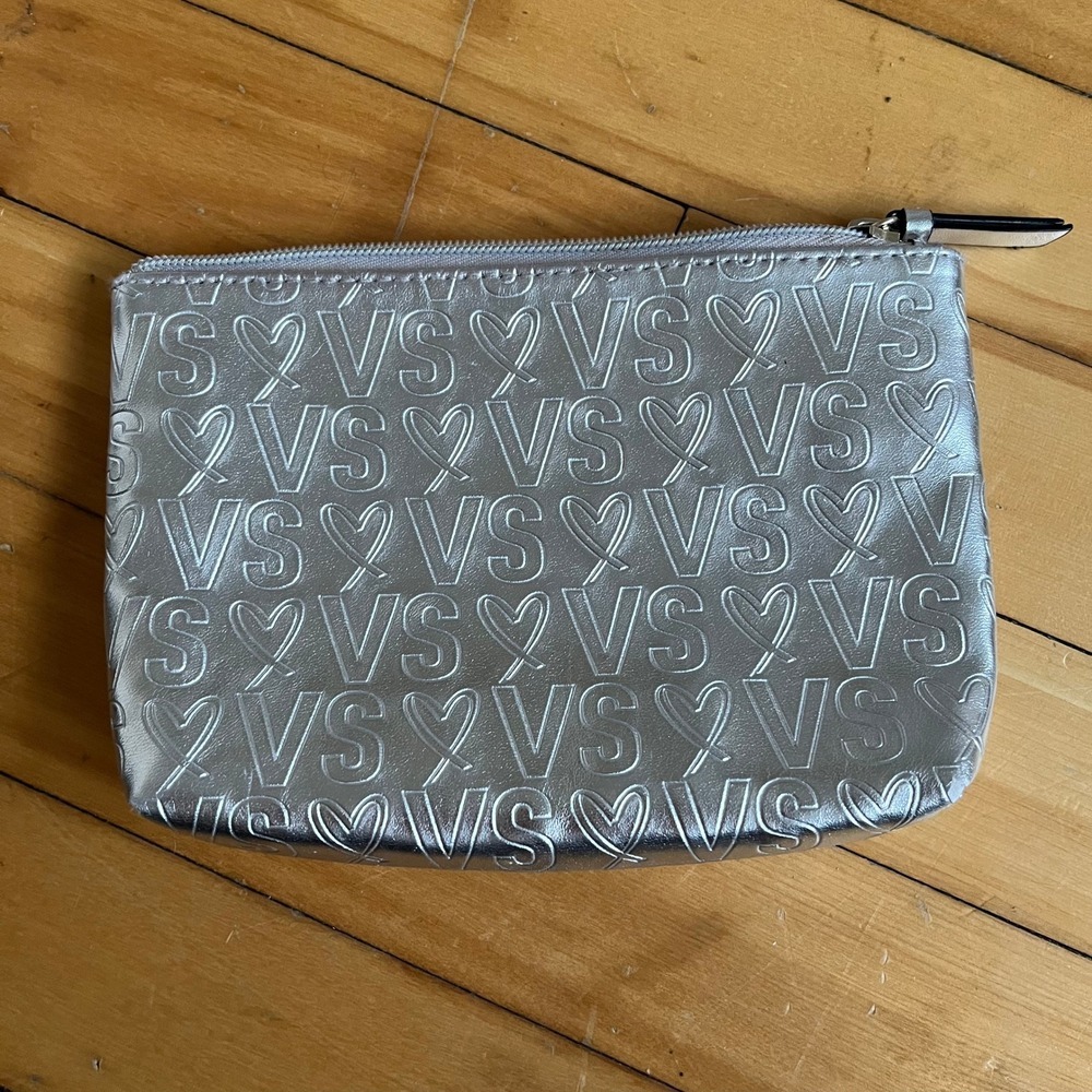 Victoria Secret Silver Metallic VS Logo Cosmetic Bag Pouch Zippered